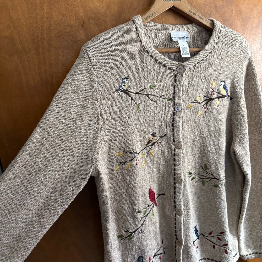 VINTAGE Embroidered Bird Oatmeal Button Down Cardigan Sweater 1X Slouchy Artsy - Picture 6 of 14